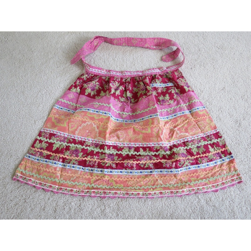 Cotton Embroidered Floral Apron 76 Inch Tie Red Pink OSFA